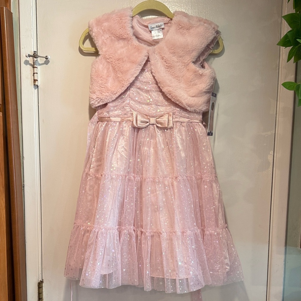 Jona Michelle Pink Glitter/Star Formal Dress with Bow and Fur Jacket -10 NWT